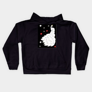 White Peacock with Flowers in a Black Background Kids Hoodie